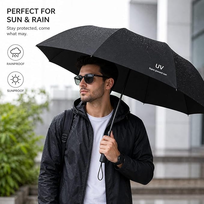 Automatic Folding Umbrella for Men & Women | Auto Open & Close | Windproof | UV Protection | Compact Travel Umbrella for Sun & Rain (Black) - M11