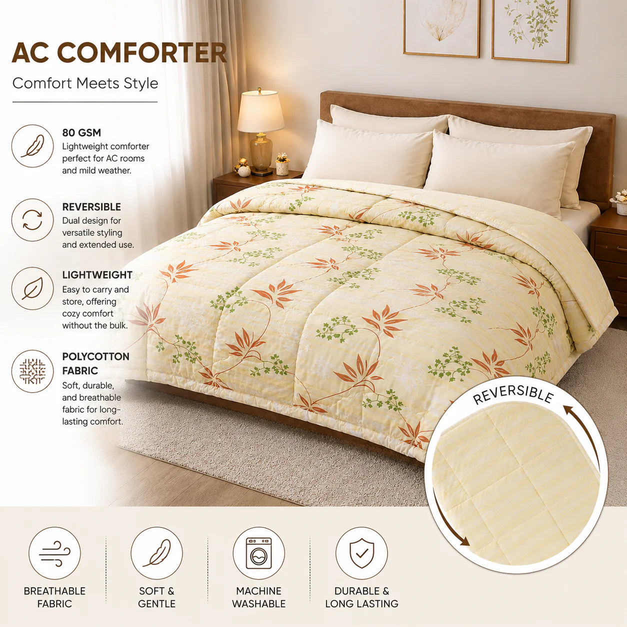 AC Comforter | 68×88 Inch Double Bed Quilt | Supersonic | 1050Gms Ultra Soft Microfiber | Lightweight All-Season Blanket for AC Rooms | Reversible Comforter
