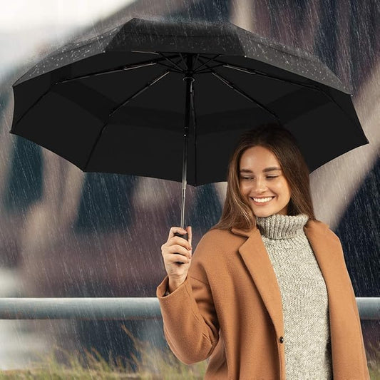 Automatic Folding Umbrella for Men & Women | Auto Open & Close | Windproof | UV Protection | Compact Travel Umbrella for Sun & Rain (Black) - M11
