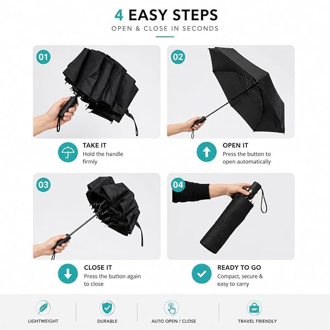 Automatic Folding Umbrella for Men & Women | Auto Open & Close | Windproof | UV Protection | Compact Travel Umbrella for Sun & Rain (Black) - M11