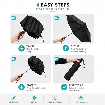 Automatic Folding Umbrella for Men & Women | Auto Open & Close | Windproof | UV Protection | Compact Travel Umbrella for Sun & Rain (Black) - M11