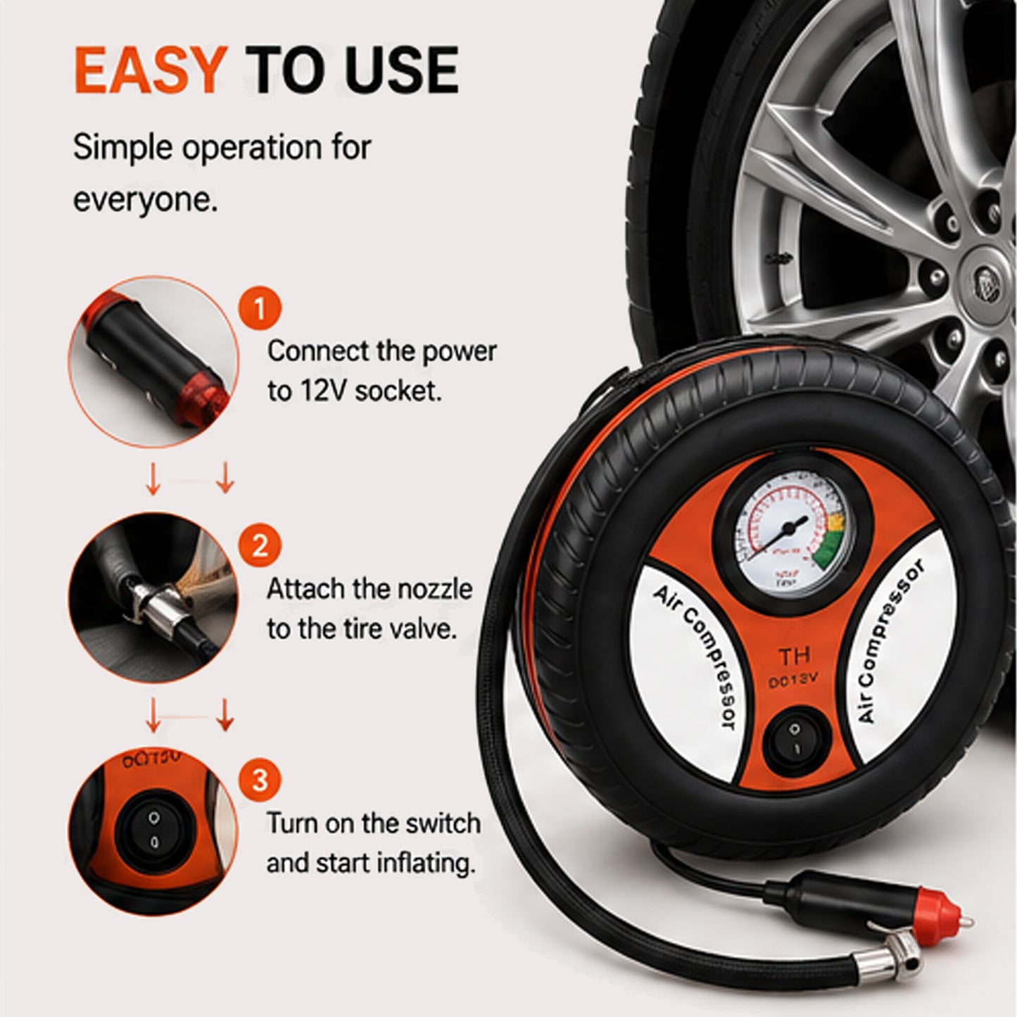 Portable Tyre Air Compressor Pump with Pressure Gauge