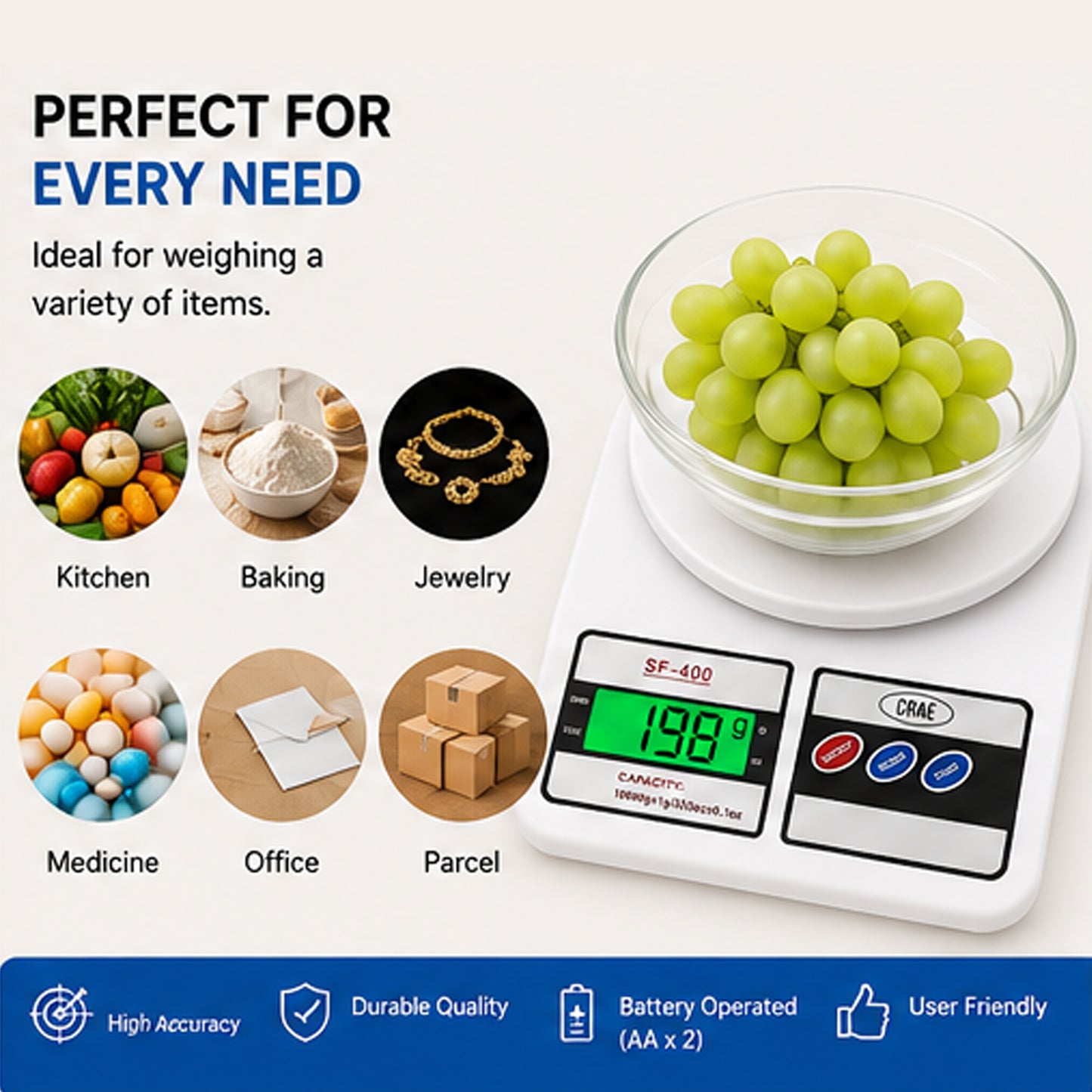 Digital Kitchen Weighing Scale with LCD Display & High Precision