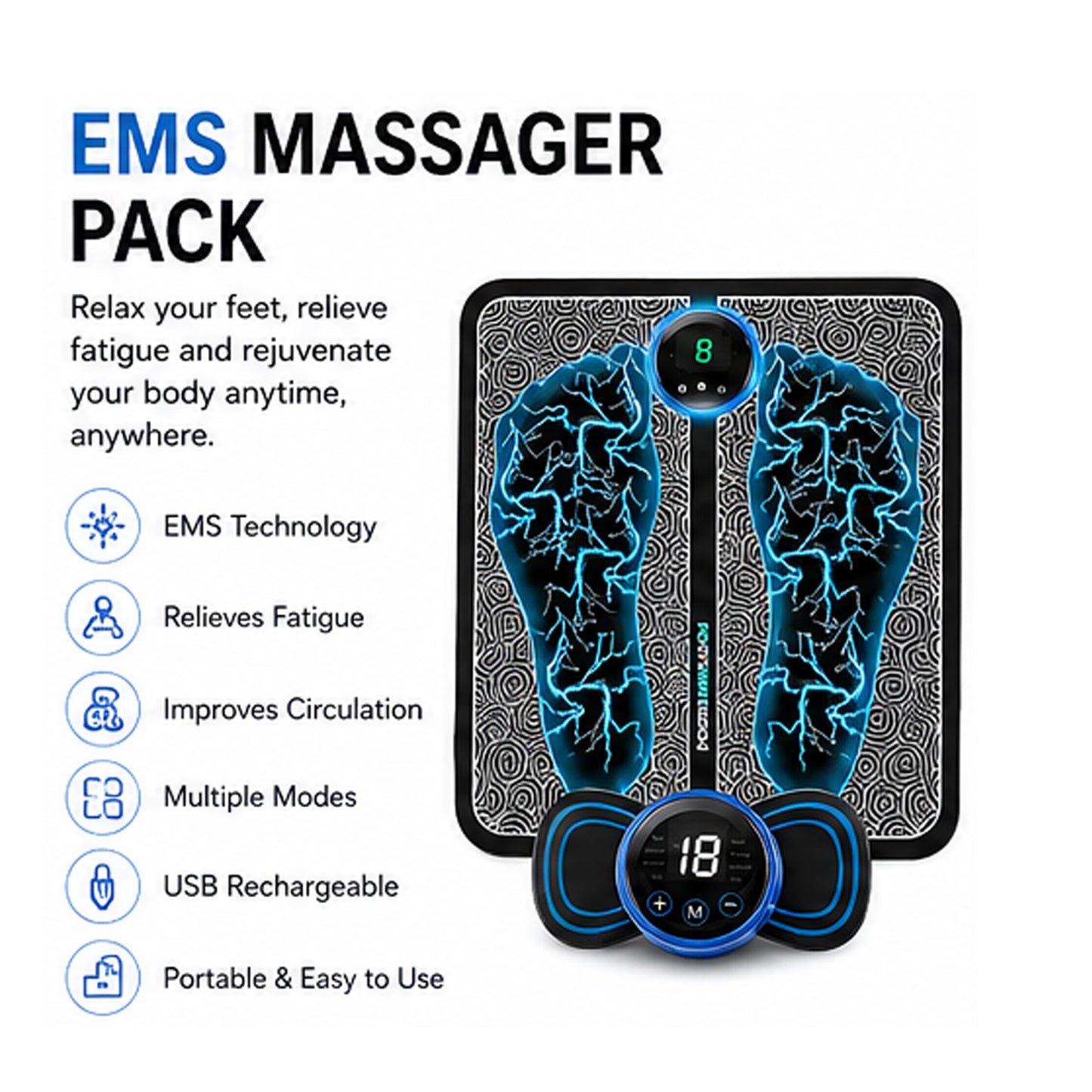 EMS Foot & Body Massager Mat with Digital Controller